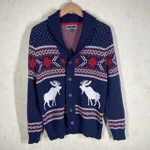 Club Room Mens Small Nordic Fair Isle Cardigan Sweater Moose Snowflake Holiday